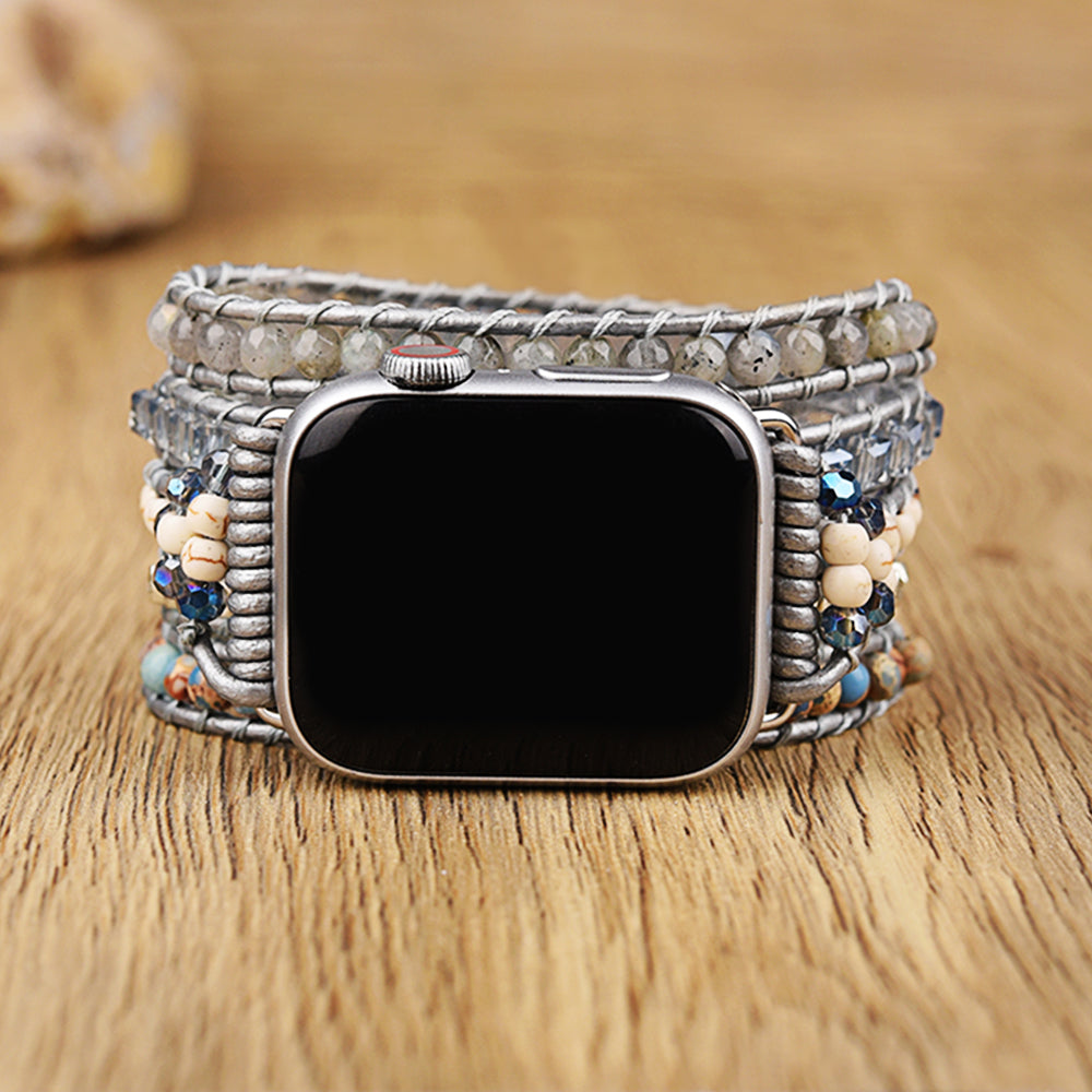 Labradorite White Howlite Gemstone Beaded Watch Strap, 5-Layers Leather Wrap Bracelet, 4mm Stone Beads, iwatch Bands, Bracelet for Apple Watch HD0429