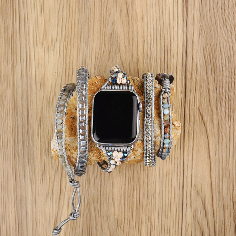 Labradorite White Howlite Gemstone Beaded Watch Strap, 5-Layers Leather Wrap Bracelet, 4mm Stone Beads, iwatch Bands, Bracelet for Apple Watch HD0429
