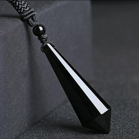 Natural Black Obsidian Point Blue Gold Stone Pendant Necklace, Faceted Healing Crystal Necklace, Gemstone Jewelry HUS080