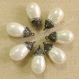 Polish Plump Tear Drop Gray Shell Pearl Charm With Rhinestone Pave Cap For DIY Jewelry Handcraft JAB081