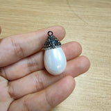 Polish Plump Tear Drop Gray Shell Pearl Charm With Rhinestone Pave Cap For DIY Jewelry Handcraft JAB081