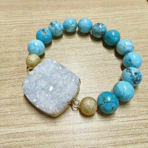 Gold Big Square Druzy & 12mm Blue Howlite Turquoise Beads Stretch Bracelet, Handmade Boho Jewelry AL675