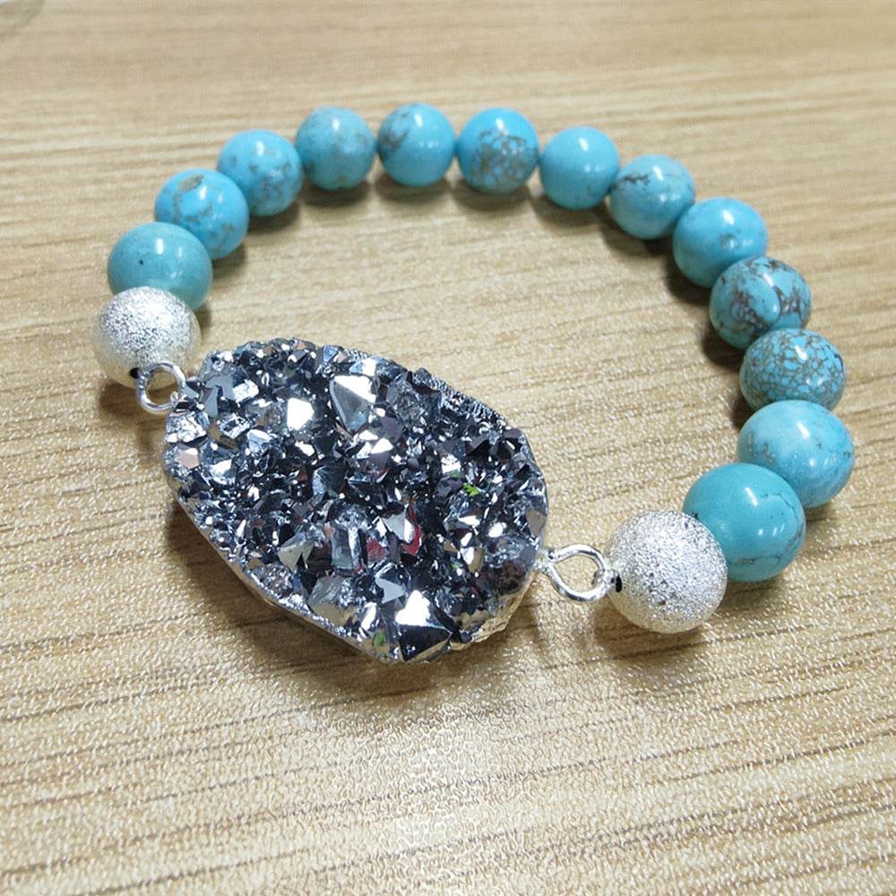 Silver Titanium Druzy & 10mm Blue Howlite Turquoise Beads Stretch Bracelet, Handmade Boho Jewelry AL676