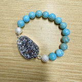 Silver Titanium Druzy & 10mm Blue Howlite Turquoise Beads Stretch Bracelet, Handmade Boho Jewelry AL676