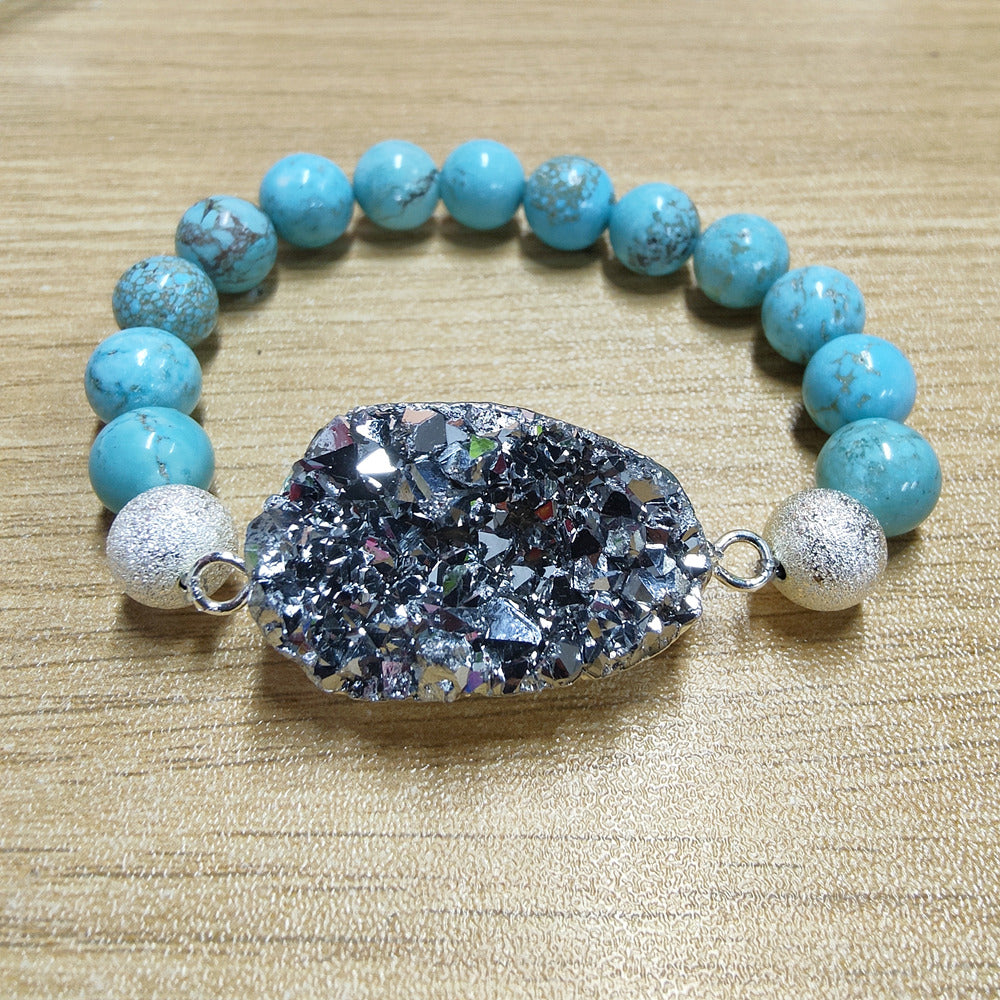 Silver Titanium Druzy & 10mm Blue Howlite Turquoise Beads Stretch Bracelet, Handmade Boho Jewelry AL676