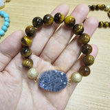 Gold Blue/Black Titanium Druzy & 10mm Tiger's Eye Beads Stretch Bracelet, Handmade Boho Jewelry AL677