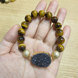 Gold Blue/Black Titanium Druzy & 10mm Tiger's Eye Beads Stretch Bracelet, Handmade Boho Jewelry AL677