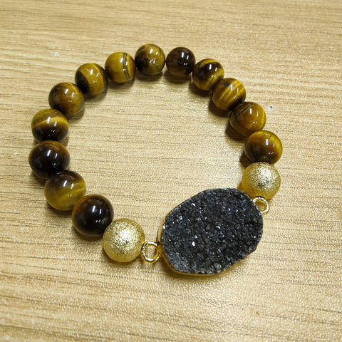 Gold Blue/Black Titanium Druzy & 10mm Tiger's Eye Beads Stretch Bracelet, Handmade Boho Jewelry AL677