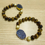 Gold Blue/Black Titanium Druzy & 10mm Tiger's Eye Beads Stretch Bracelet, Handmade Boho Jewelry AL677