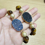 Gold Blue/Black Titanium Druzy & 10mm Tiger's Eye Beads Stretch Bracelet, Handmade Boho Jewelry AL677