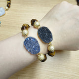 Gold Blue/Black Titanium Druzy & 10mm Tiger's Eye Beads Stretch Bracelet, Handmade Boho Jewelry AL677