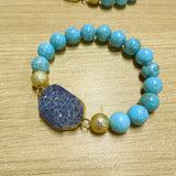 Gold Blue/Black Titanium Druzy & 10mm Blue Howlite Turquoise Beads Stretch Bracelet, Handmade Boho Jewelry AL678