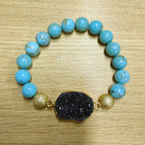 Gold Blue/Black Titanium Druzy & 10mm Blue Howlite Turquoise Beads Stretch Bracelet, Handmade Boho Jewelry AL678