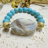 Gold Titanium AB White Galaxy Druzy Quartz Stretch Bracelet, 10mm Blue Howlite Beads Bracelet, Boho Jewelry AL716
