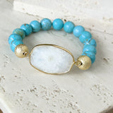 Gold Plated White Solar Quartz Bracelet, 10mm Blue Howlite Turquoise Beads, Handmade Boho Jewelry AL750