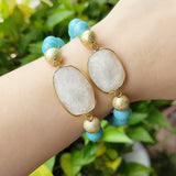 Gold Plated White Solar Quartz Bracelet, 10mm Blue Howlite Turquoise Beads, Handmade Boho Jewelry AL750