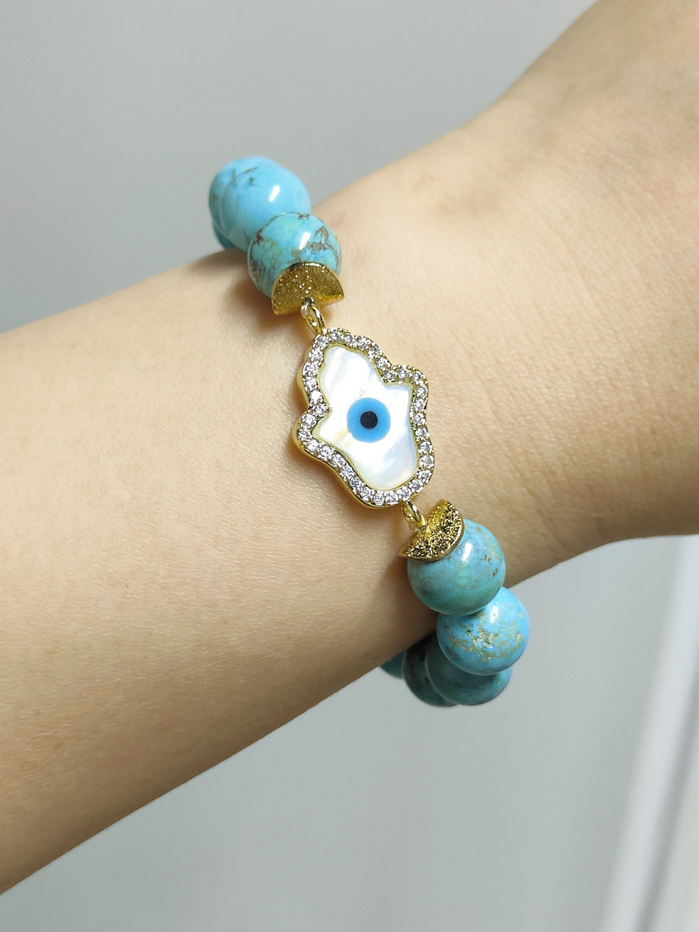 Gold CZ White Shell Evil Eye Hamsa Palm Stretch Bracelet, 10mm Blue Howlite Turquoise Beads, Boho Jewelry AL729