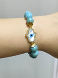 Gold CZ White Shell Evil Eye Hamsa Palm Stretch Bracelet, 10mm Blue Howlite Turquoise Beads, Boho Jewelry AL729