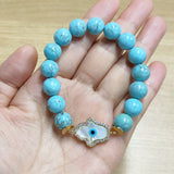 Gold CZ White Shell Evil Eye Hamsa Palm Stretch Bracelet, 10mm Blue Howlite Turquoise Beads, Boho Jewelry AL729