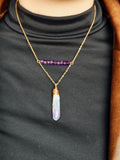 16" Titanium Raw AB White Crystal Point Gold Wire Wrap Necklace, Amethyst Necklace Handmade Jewelry AL1183