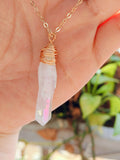 16" Titanium Raw AB White Crystal Point Gold Wire Wrap Necklace, Amethyst Necklace Handmade Jewelry AL1183