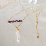 16" Titanium Raw AB White Crystal Point Gold Wire Wrap Necklace, Amethyst Necklace Handmade Jewelry AL1183