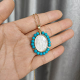 16" Virgin Mary Carved Pendant Necklace, Oval Mother of Pearl With Blue Howlite Turquose Beads, Religious Jewelry WX2171-N