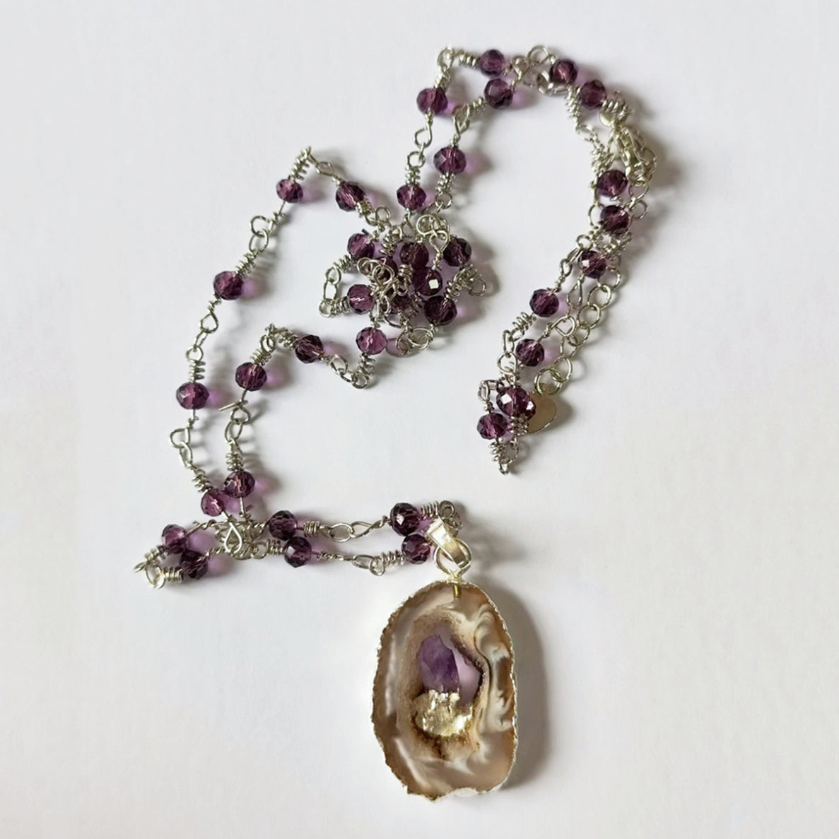 agate druzy slice pendant necklace, amethyt necklace, crystal quartz beaded necklace, silver jewelry, boho jewelry