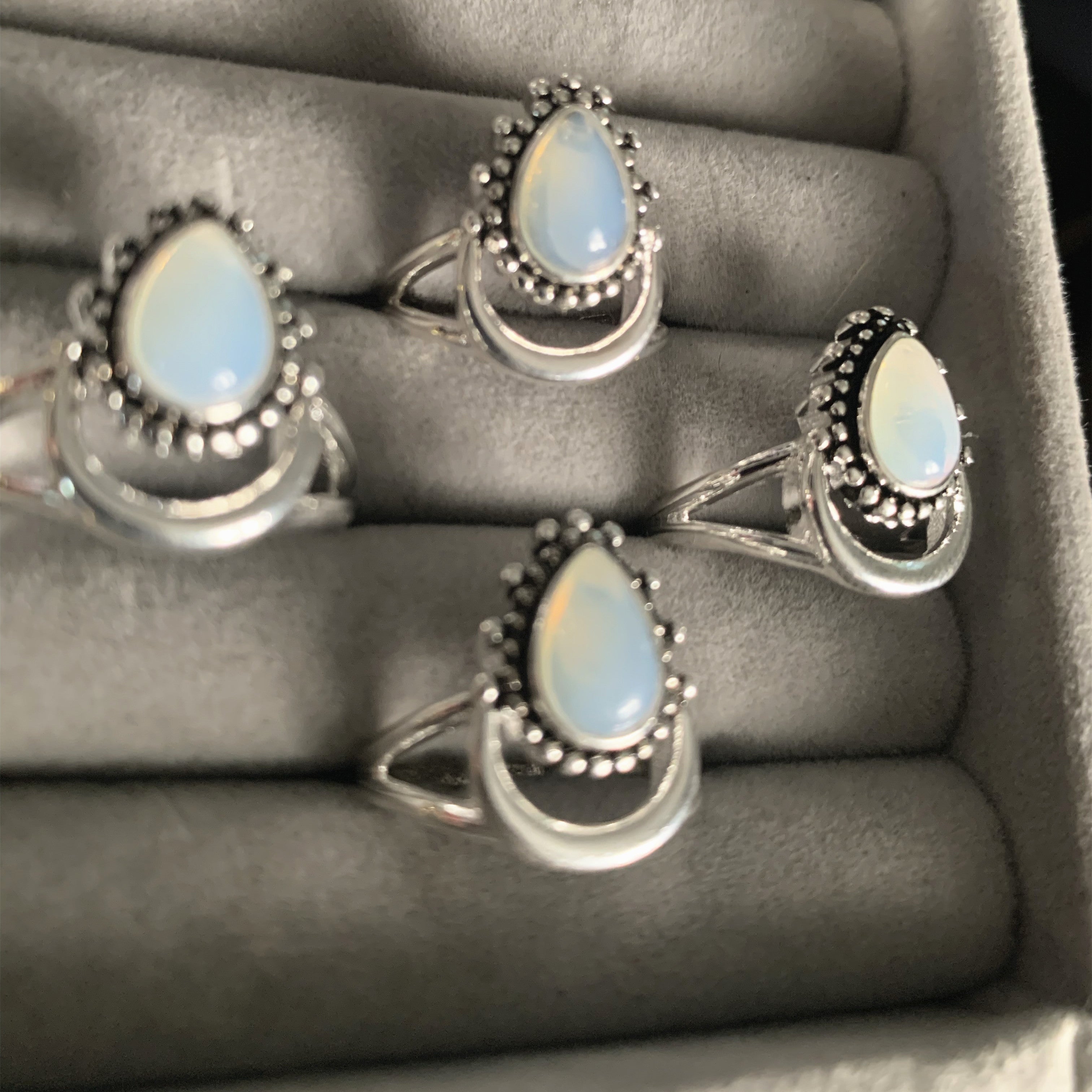 Crescent Moonstone Tai Silver Ring, Opalite Ring AL294