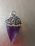 Pyramid Natural Amethyst White Quartz Faceted Point Pendant Bead Rhinestone Pave JAB199