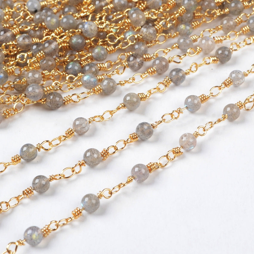16 Feet of Gold Plated Brass Natural Labradorite 4mm Round Beads Rosary Chain, Making Jewelry Findings JT094