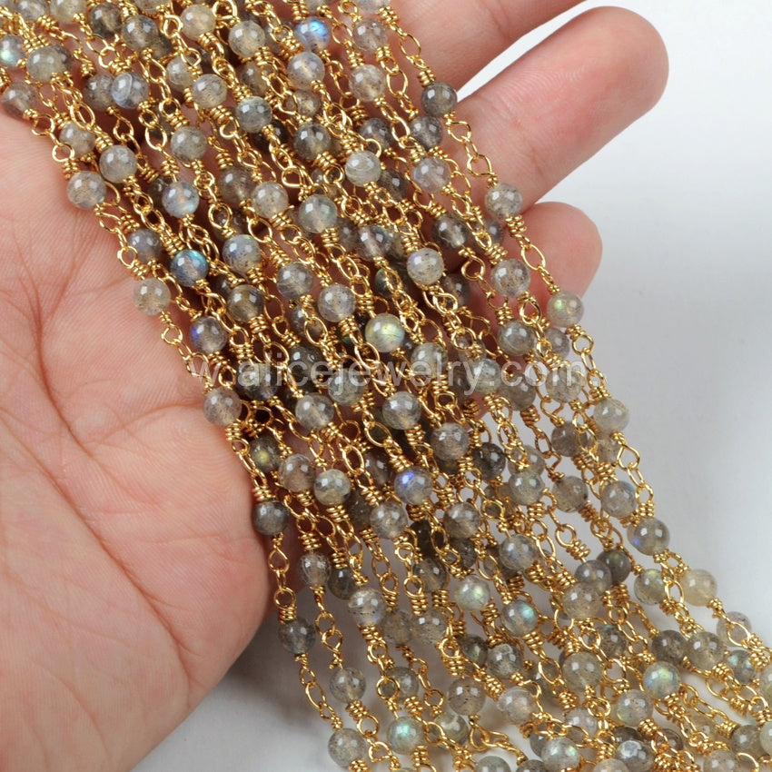 16 Feet of Gold Plated Brass Natural Labradorite 4mm Round Beads Rosary Chain, Making Jewelry Findings JT094