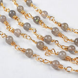 16 Feet of Gold Plated Brass Natural Labradorite 4mm Round Beads Rosary Chain, Making Jewelry Findings JT094