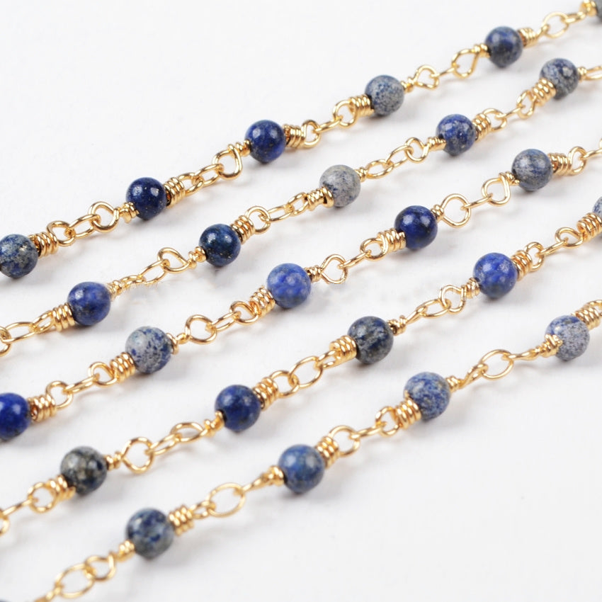 16 Feet of Gold Plated Brass Natural Lapis Lazuli 4mm Round Beads Rosary Chains, Making Jewelry Findings JT095