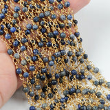 16 Feet of Gold Plated Brass Natural Lapis Lazuli 4mm Round Beads Rosary Chains, Making Jewelry Findings JT095