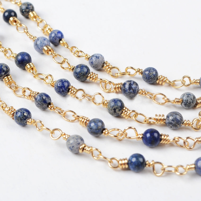 16 Feet of Gold Plated Brass Natural Lapis Lazuli 4mm Round Beads Rosary Chains, Making Jewelry Findings JT095