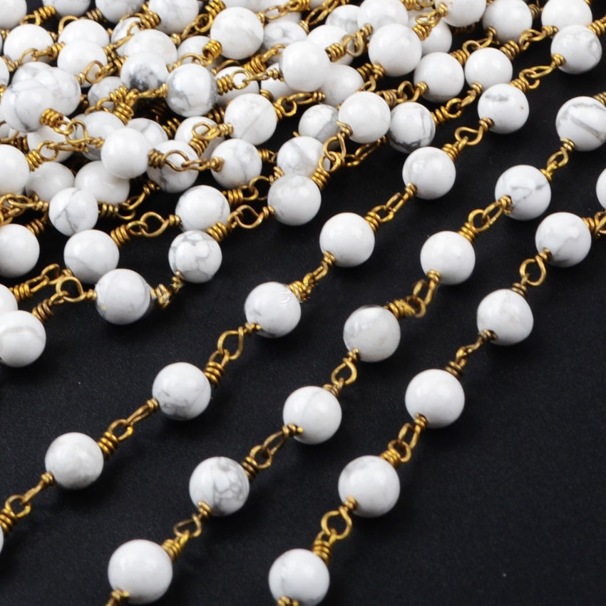 16 Feet of Gold Plated Brass White Howlite 6mm Beads Rosary Chains, Making Jewelry Findings JT096