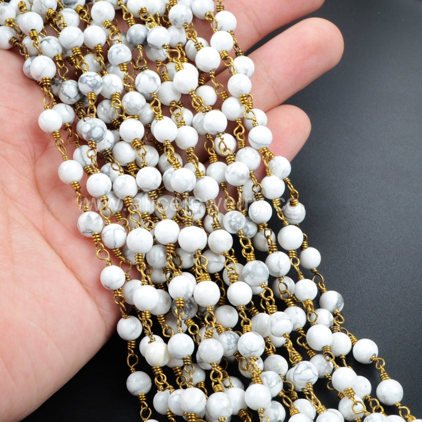 16 Feet of Gold Plated Brass White Howlite 6mm Beads Rosary Chains, Making Jewelry Findings JT096