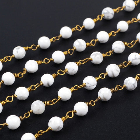 16 Feet of Gold Plated Brass White Howlite 6mm Beads Rosary Chains, Making Jewelry Findings JT096