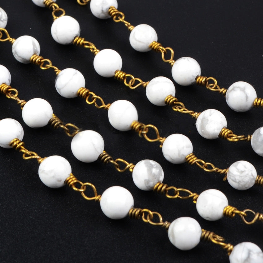 16 Feet of Gold Plated Brass White Howlite 6mm Beads Rosary Chains, Making Jewelry Findings JT096