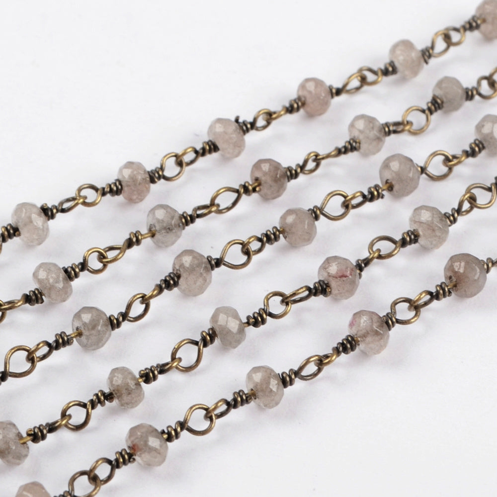 16 feet/lot Gold Plated Brass Natural Moonstone Roundel Faceted Beads Rosary Chain, Making Jewelry Finding JT206