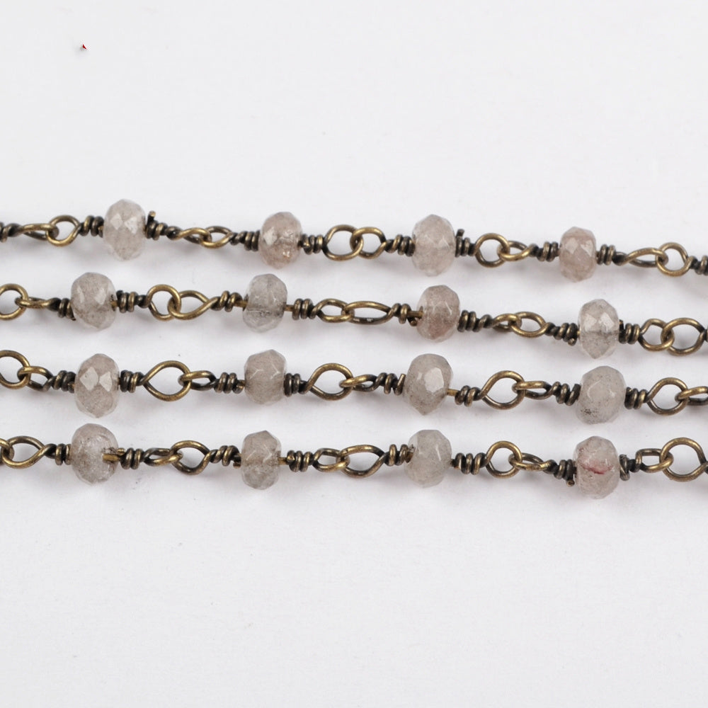 16 feet/lot Gold Plated Brass Natural Moonstone Roundel Faceted Beads Rosary Chain, Making Jewelry Finding JT206