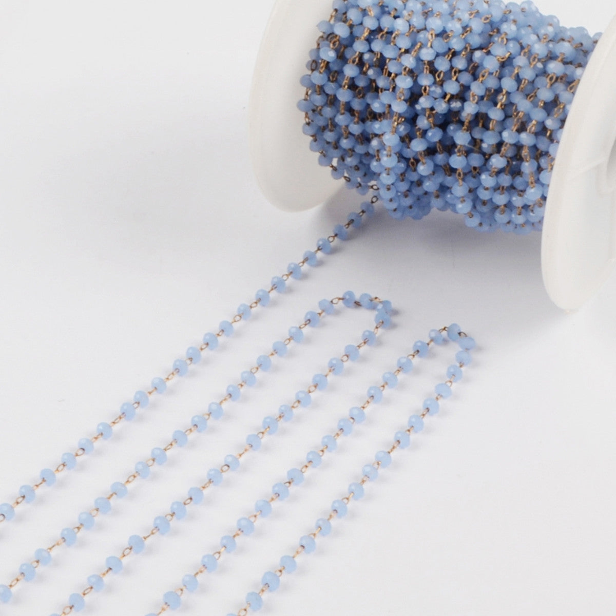 16 feet of 3mm Light Blue Glass Quartz Faceted Beads Rosary Chain in Gold Plated, Making Jewelry Finding JT223