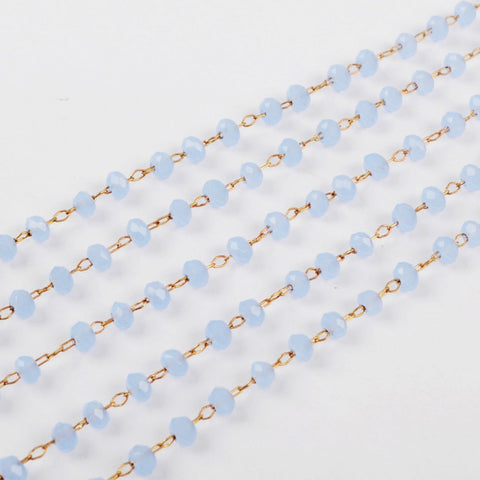 16 feet of 3mm Light Blue Glass Quartz Faceted Beads Rosary Chain in Gold Plated, Making Jewelry Finding JT223