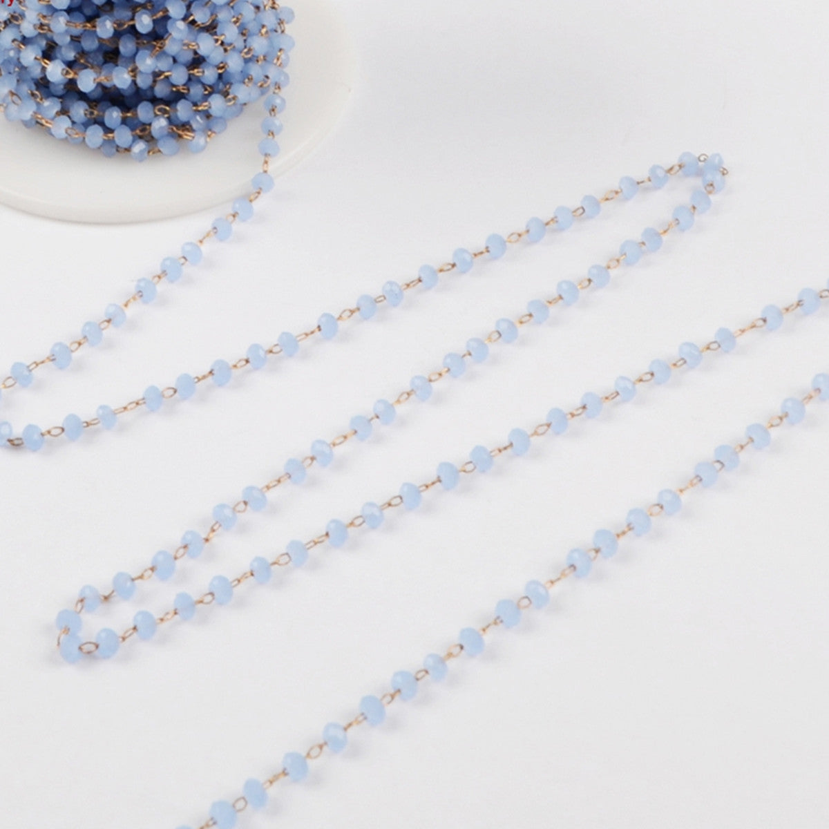 16 feet of 3mm Light Blue Glass Quartz Faceted Beads Rosary Chain in Gold Plated, Making Jewelry Finding JT223