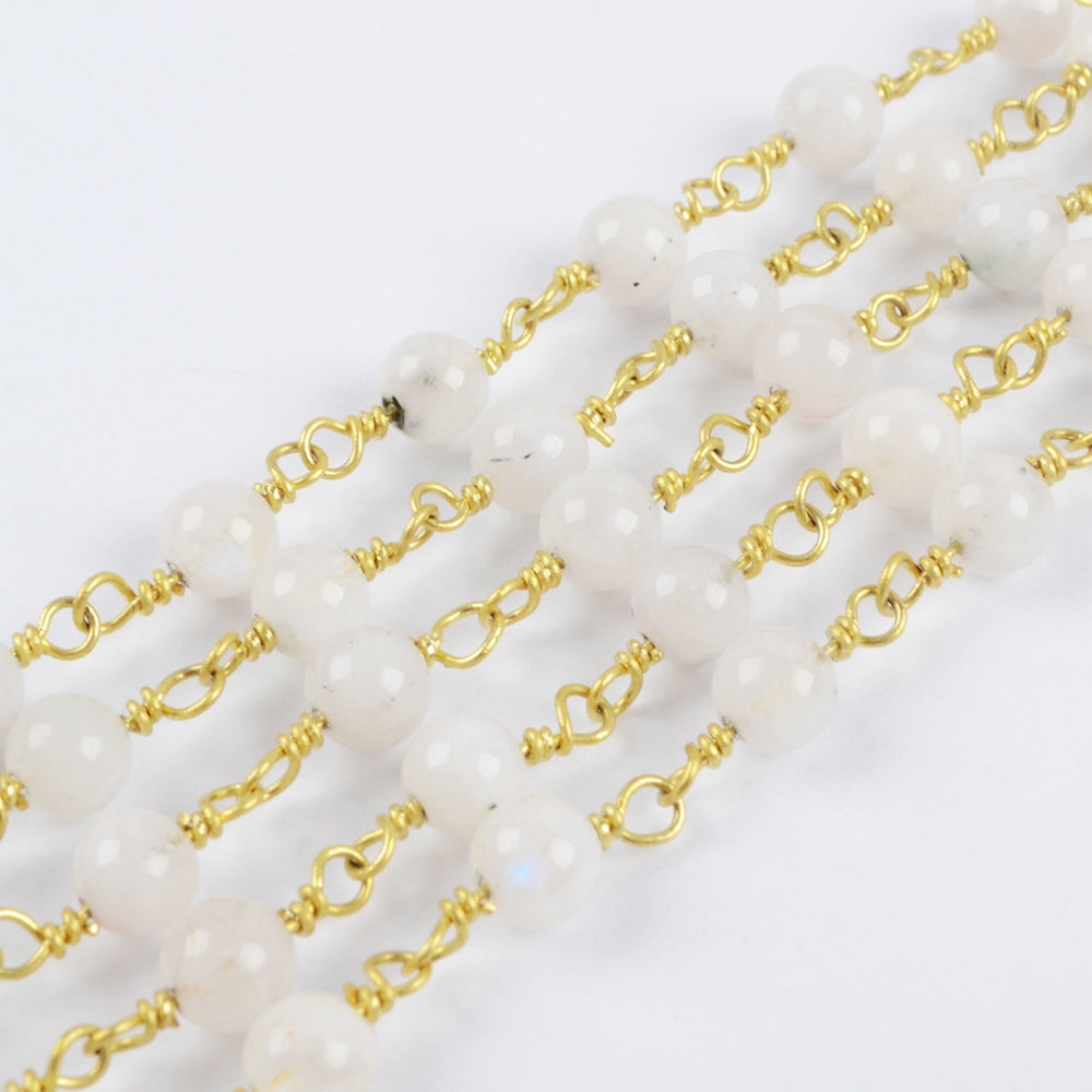 16 feet/lot Gold Plated Brass Moonstone Beads Rosary Chain, Making Jewelry Finding JT224