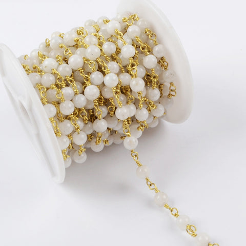 16 feet of Gold Plated Brass Moonstone 5~6mm Beads Rosary Chain, Making Jewelry Finding JT224