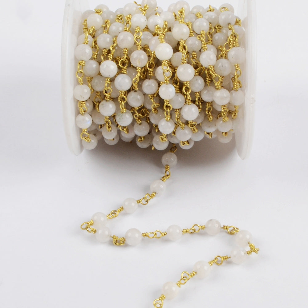16 feet/lot Gold Plated Brass Moonstone Beads Rosary Chain, Making Jewelry Finding JT224