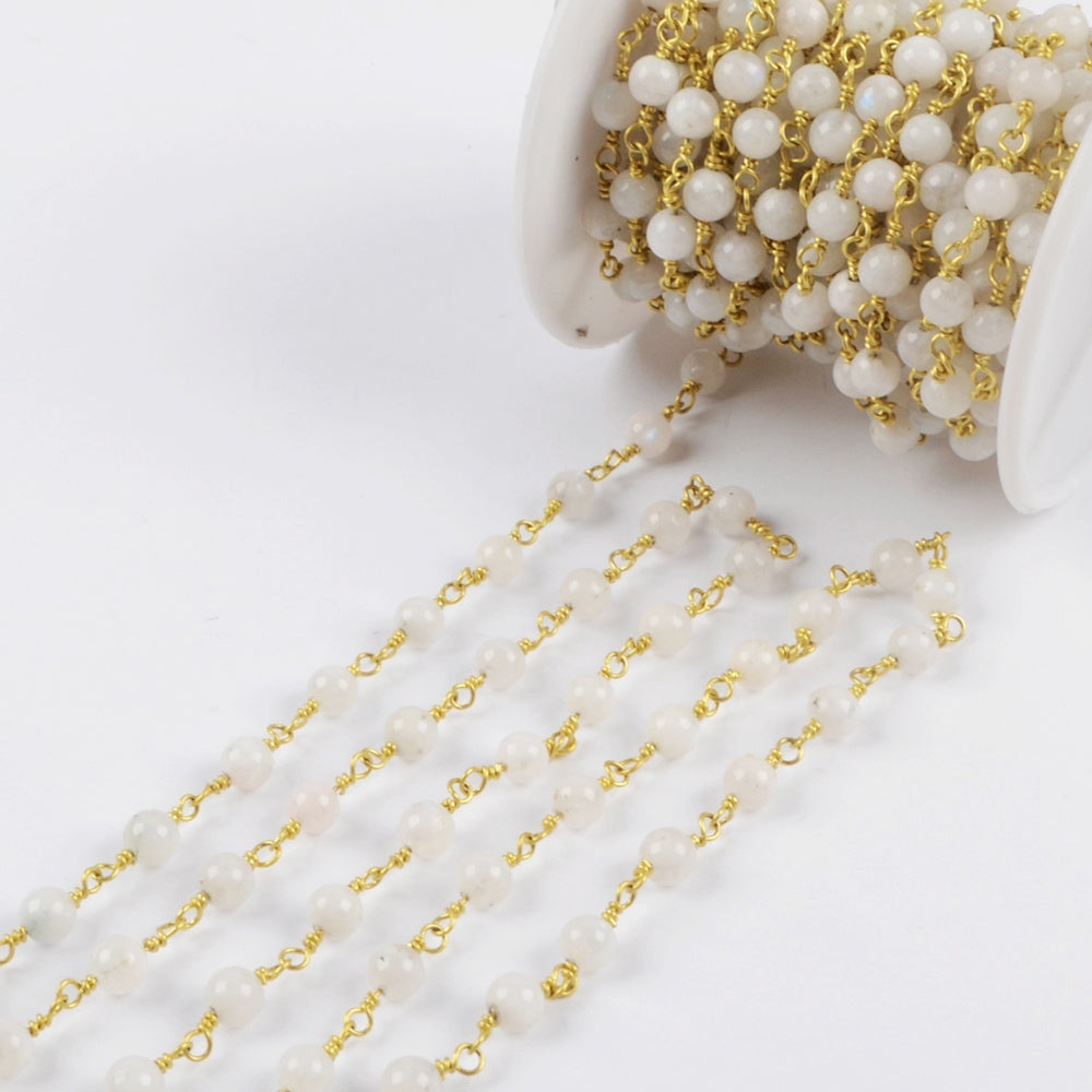 16 feet/lot Gold Plated Brass Moonstone Beads Rosary Chain, Making Jewelry Finding JT224