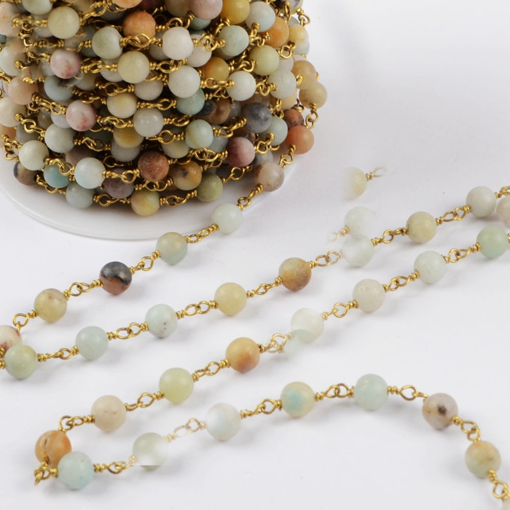 16 feet/lot Gold Plated Brass Natural Amazonite Stone Beads Rosary Chain, Making Jewelry Finding JT225